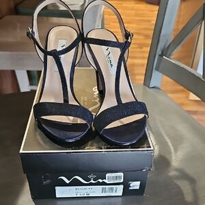 Nina Scout Navy T-Strap Glitter Heels 7.5